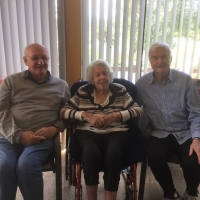 Visiting Rosedale, bushfire aftermath.  Bob Irwin, Barry Smith with Jean Reid